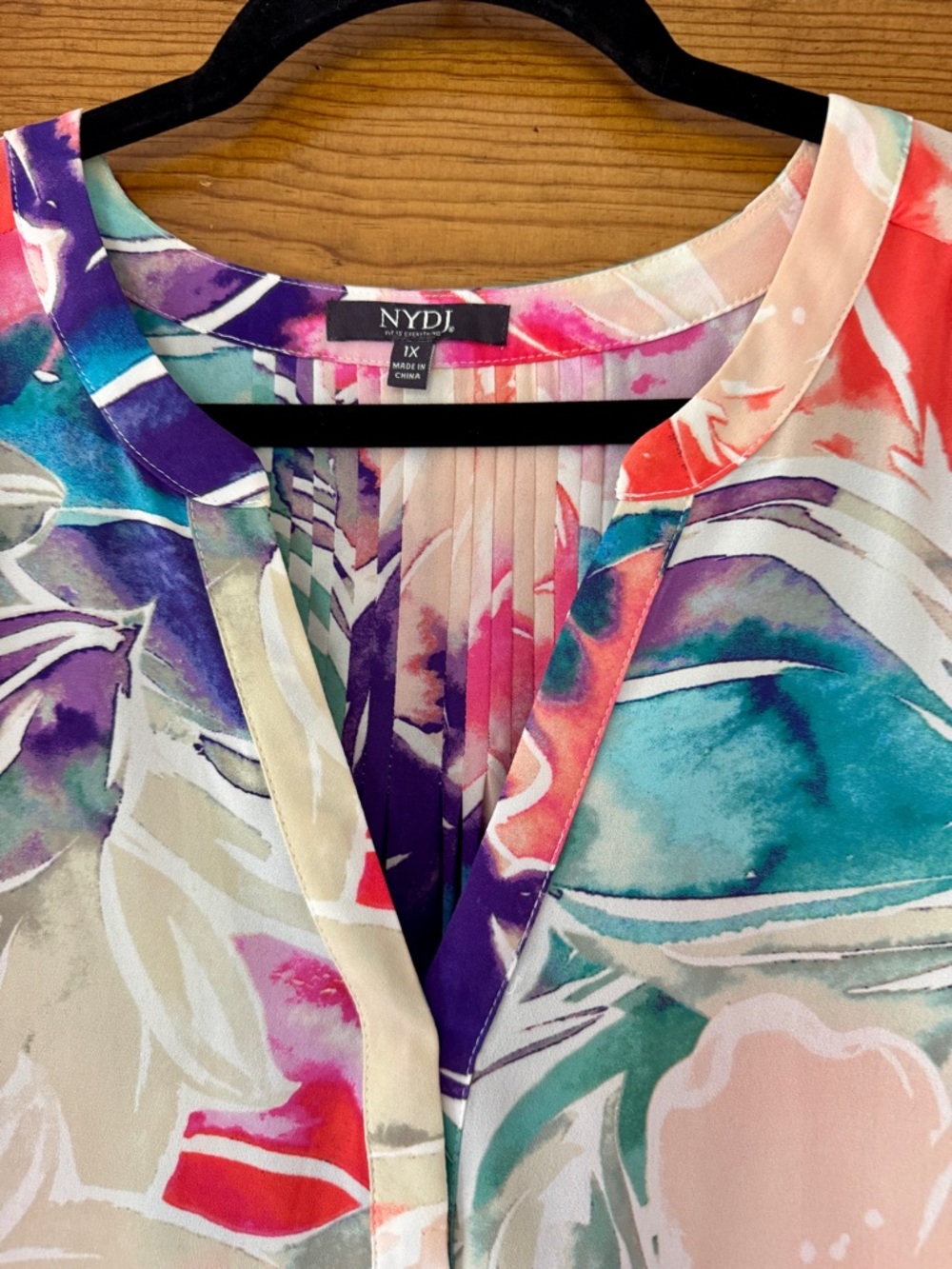 NYDJ Pintuck Floral Blouse with Pink, Coral & Teal Accents - Picture 2 of 13